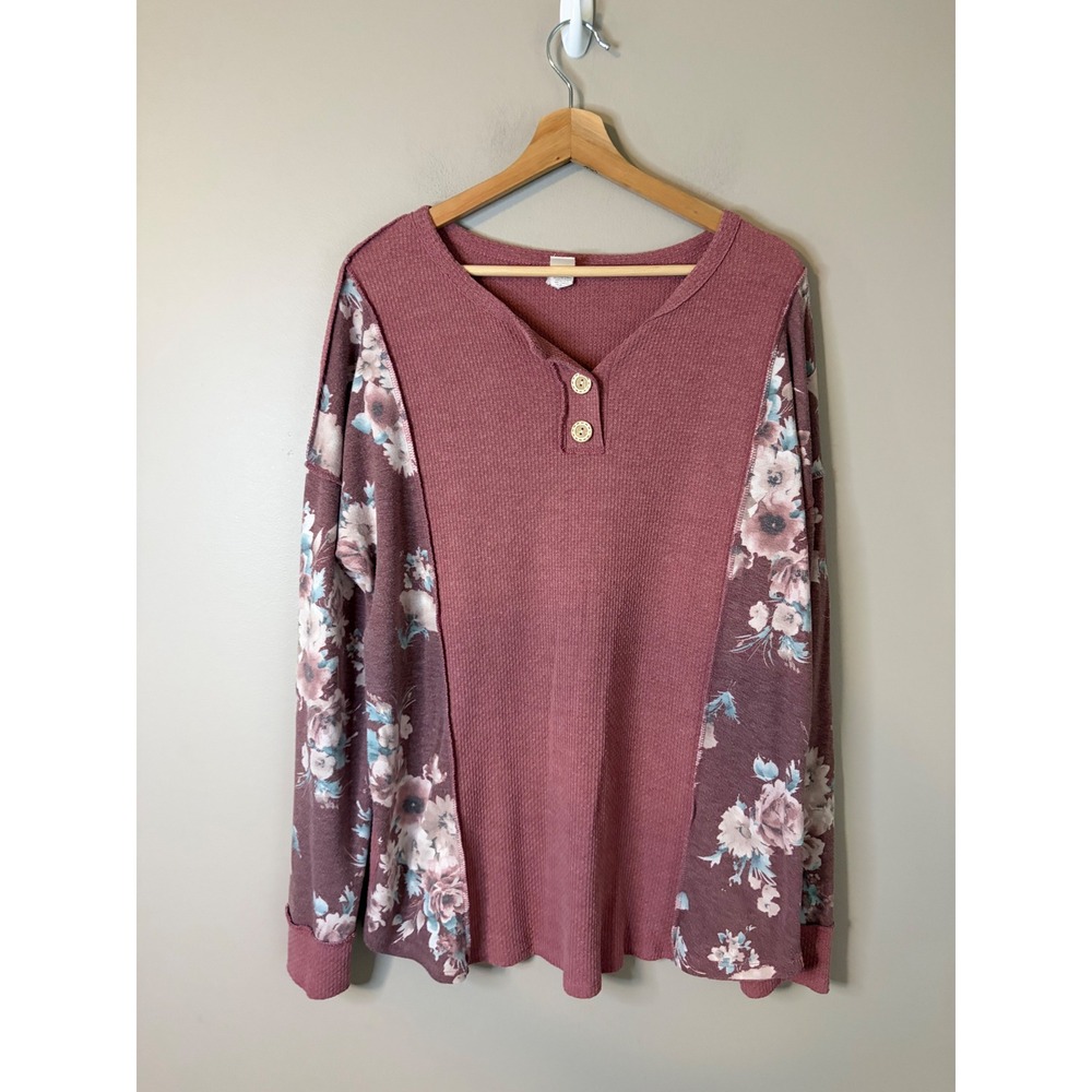 7th Ray Henley Top Women Large Mauve Pink Excellent Floral Waffle Knit 3-Button